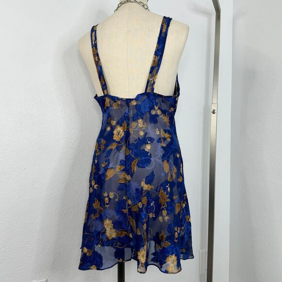 Vintage Sheer Night Grown Slip Dress Blue Floral V-Neck Size Medium - Picture 3 of 7